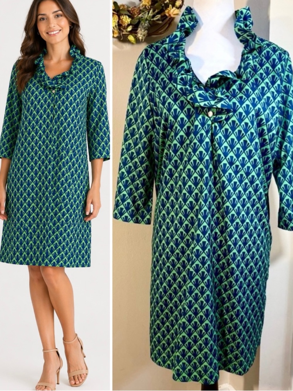 Sawyer Ruffle Neck Shift Dress Green Blue Geometric Print Sz M💛
